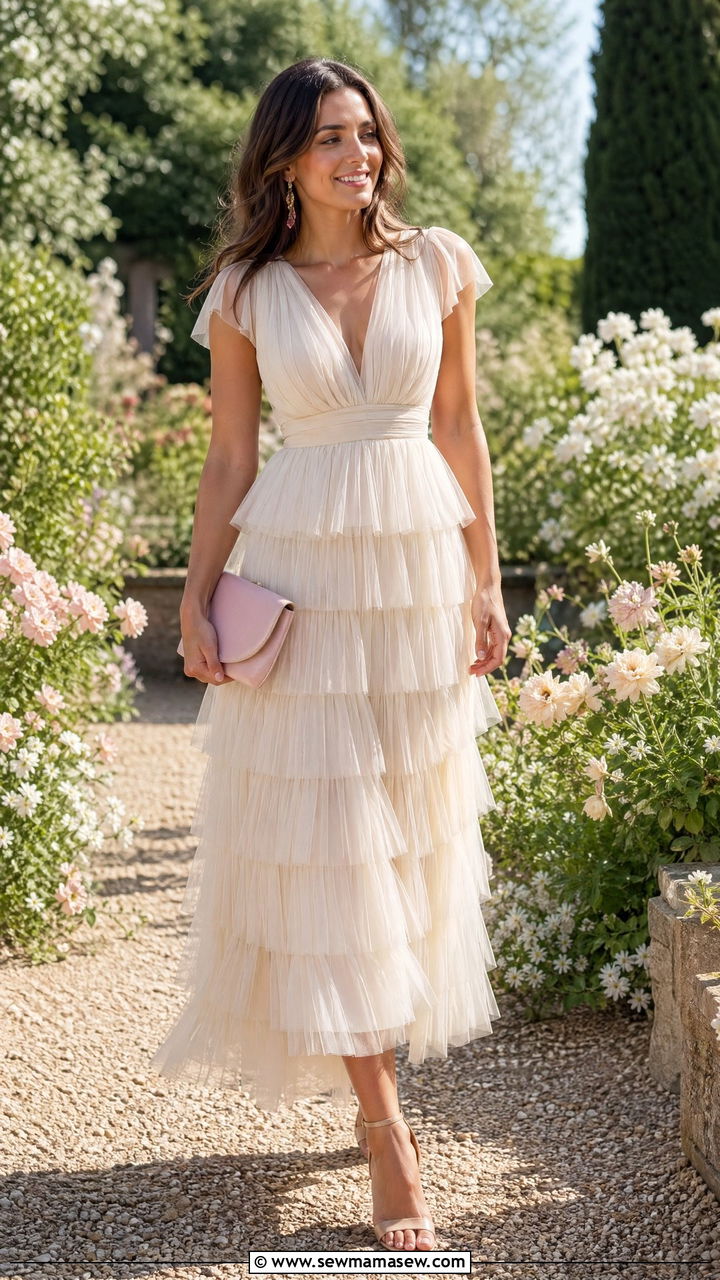 Ivory Tiered Tulle Dress for Garden Wedding - 35 chic wedding guest outfits for women