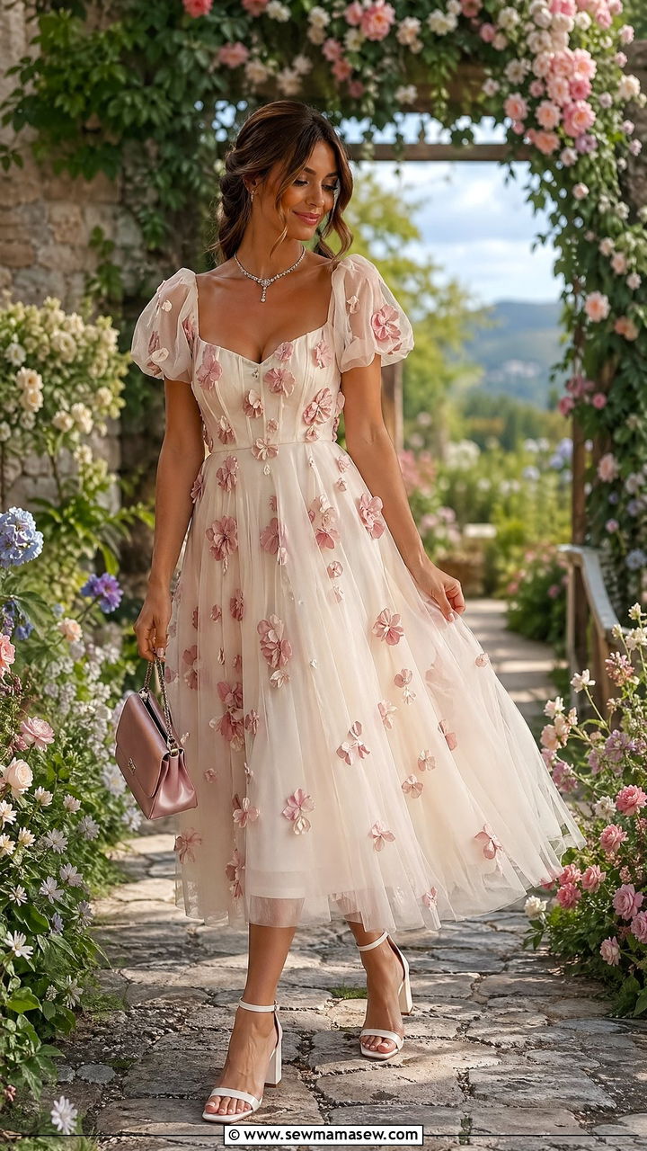 Ivory Tulle A Line Dress With Rose Appliques - 35 wedding guest outfit ideas for women