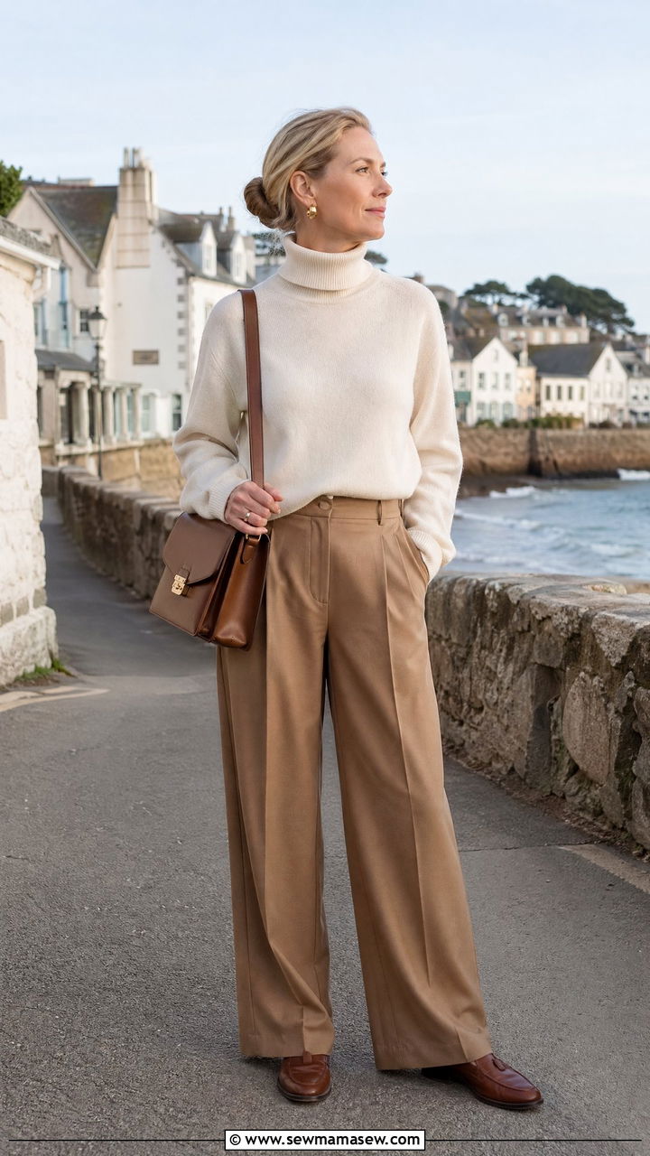 Ivory Turtleneck Sweater and Camel Wide Leg Trousers - 35 coastal grandmother outfits for women