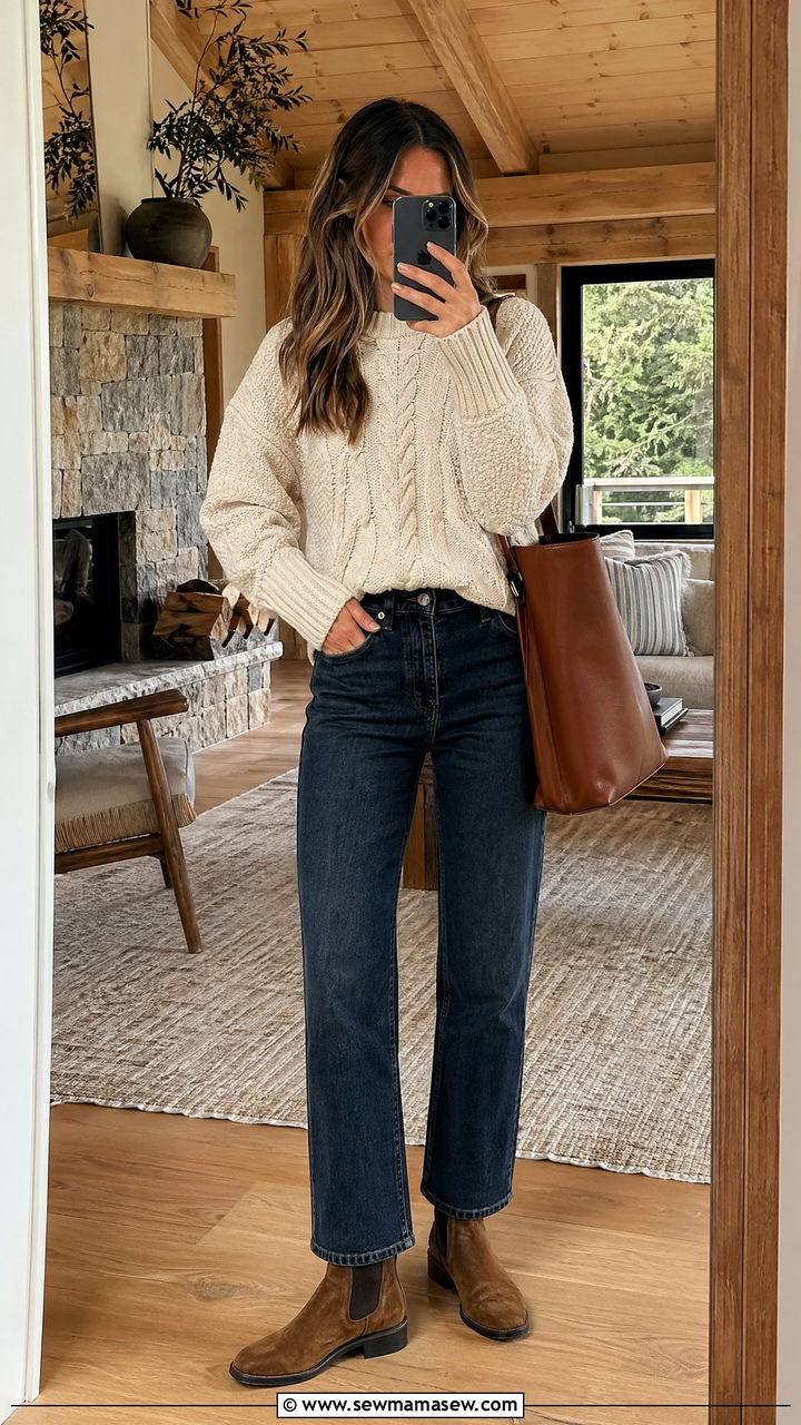 Ivory cable knit sweater with dark wash jeans - 35 Stealth wealth outfit ideas