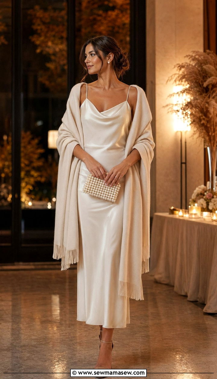 Ivory cashmere wrap and slip dress wedding guest - 35 Quiet luxury outfit ideas for wedding guest
