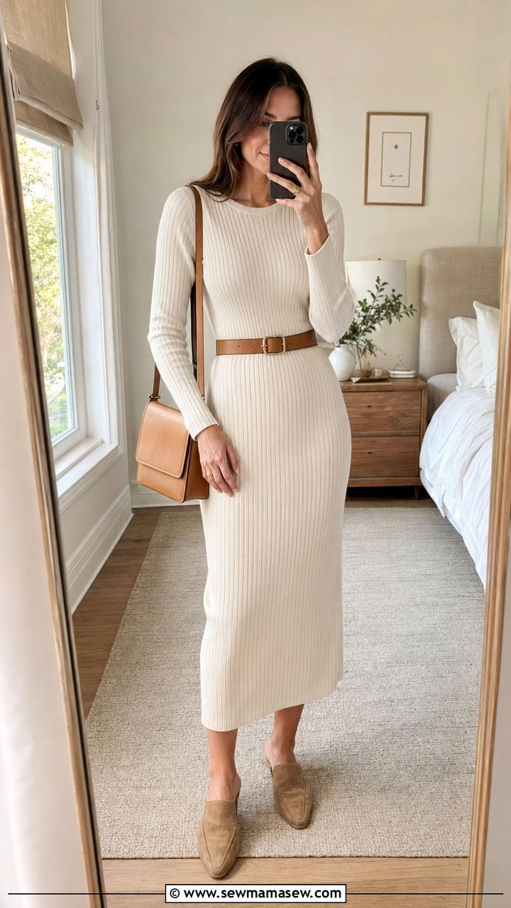 Ivory knit midi dress and tan accessories - 35 quiet luxury outfits for women