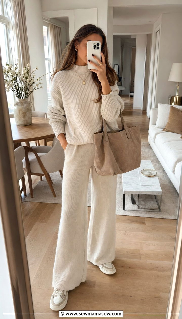 Ivory knit set outfit with matching wideleg pants - 35 quiet luxury outfits ideas