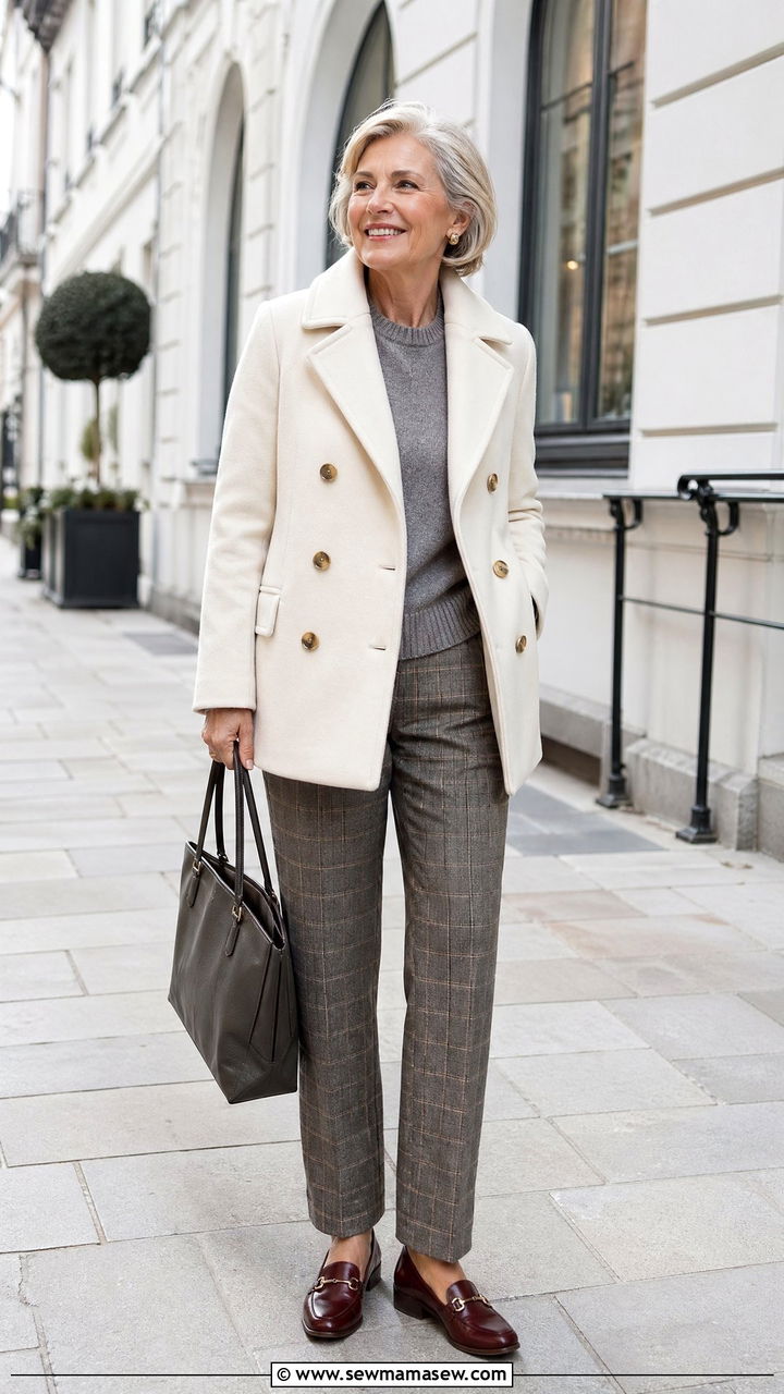 Ivory peacoat with tailored pants outfit - 35 Classy outfit ideas for women over 60
