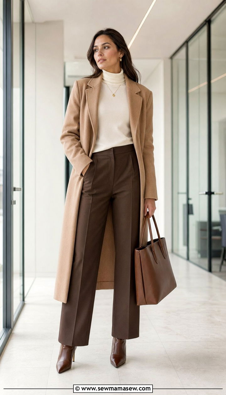 Ivory turtleneck with camel coat and chocolate trousers - 35 Quiet luxury outfit ideas for work