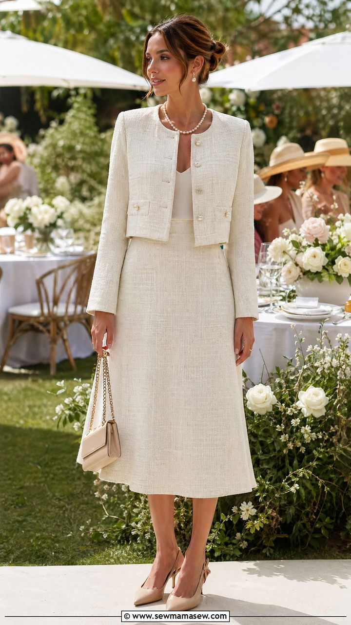 Ivory tweed two piece set with slingback heels - 35 Country club wedding guest outfit ideas