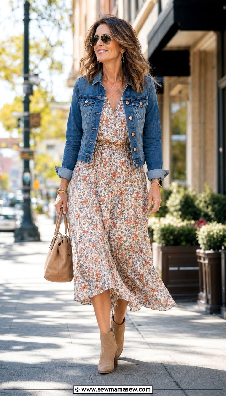 Jean jacket layered over floral midi dress with ankle boots - 30 Western outfit ideas for women over 40