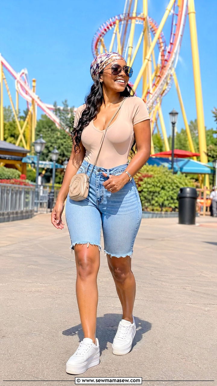 Jean shorts and bodysuit for Six Flags - 35 Six Flags outfit ideas