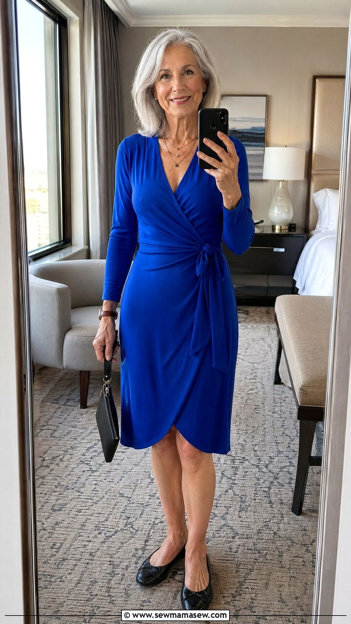 Jersey Knit Wrap Dress With Ballet Flats - 35 Vacation outfit ideas for women over 60