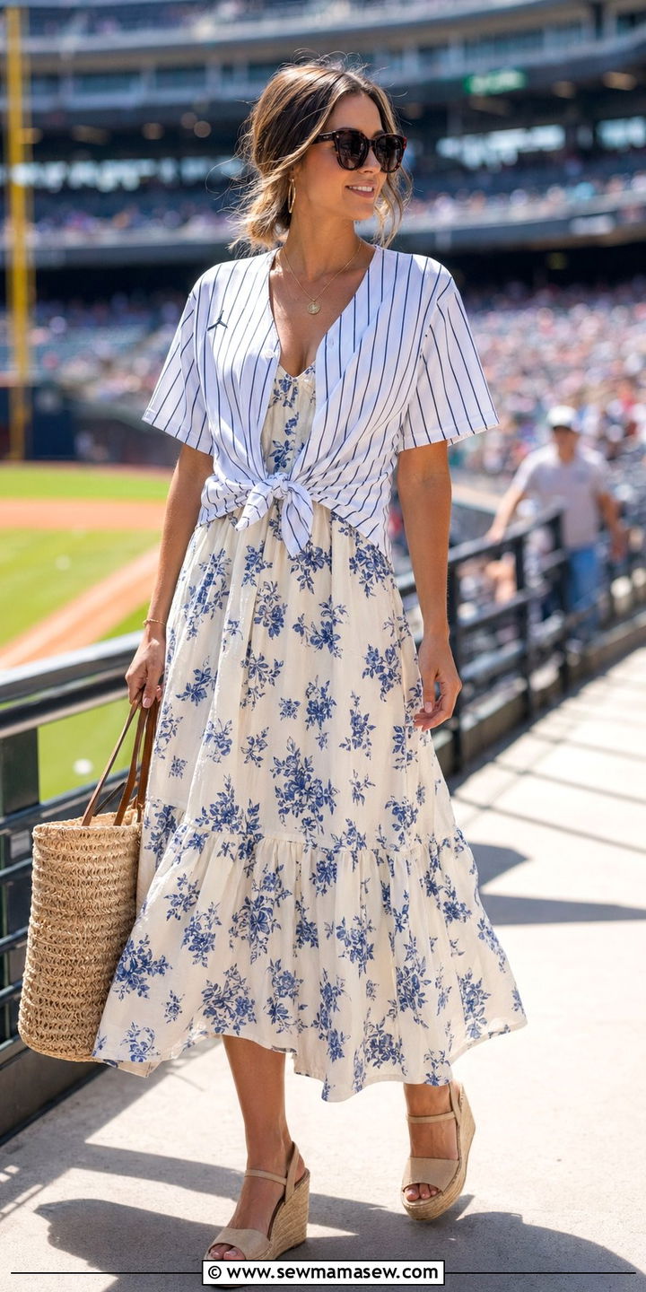 Jersey Knotted Over A Sundress With Wedge Sandals - 30 Baseball game outfit ideas
