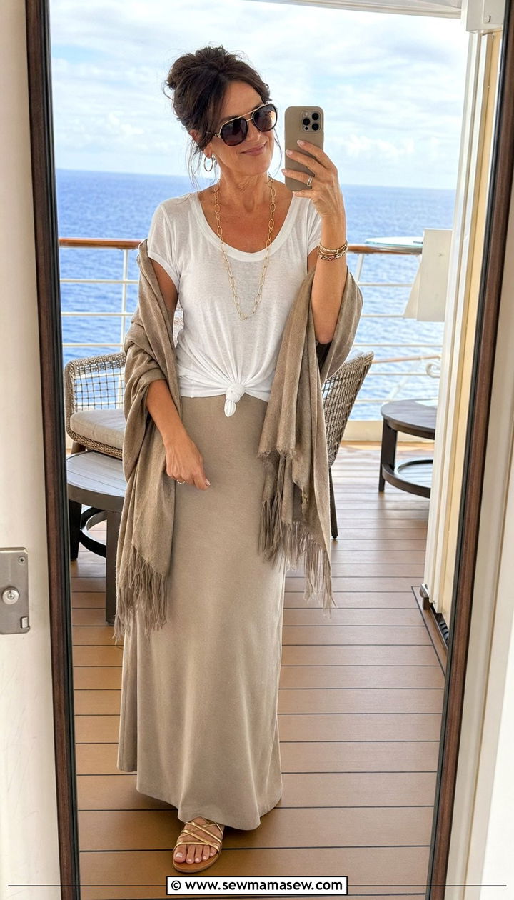 Jersey Maxi Skirt with Scoop Neck Tee - 35 resort vacation outfits for women over 40