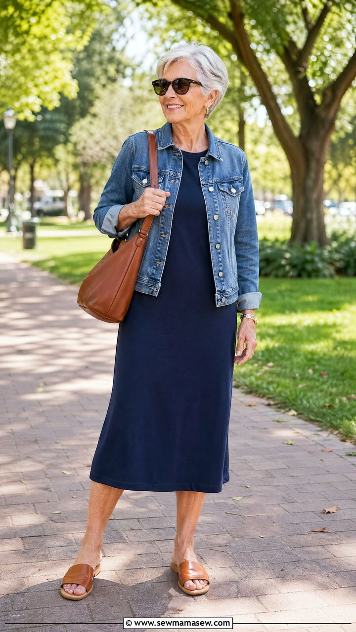 Jersey Midi Dress with a Denim Jacket - 35 Casual outfits for women over 60