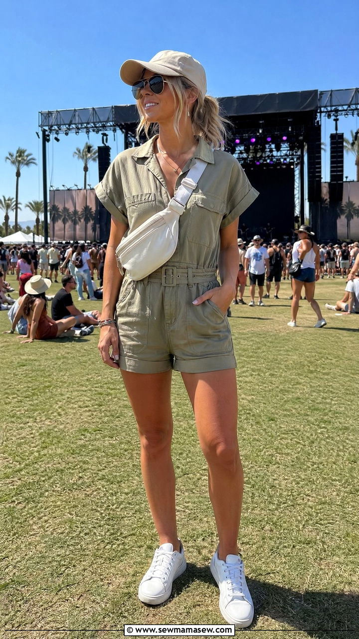 Jersey Romper With White Sneakers and a Baseball Cap - 35 what to wear to a concert