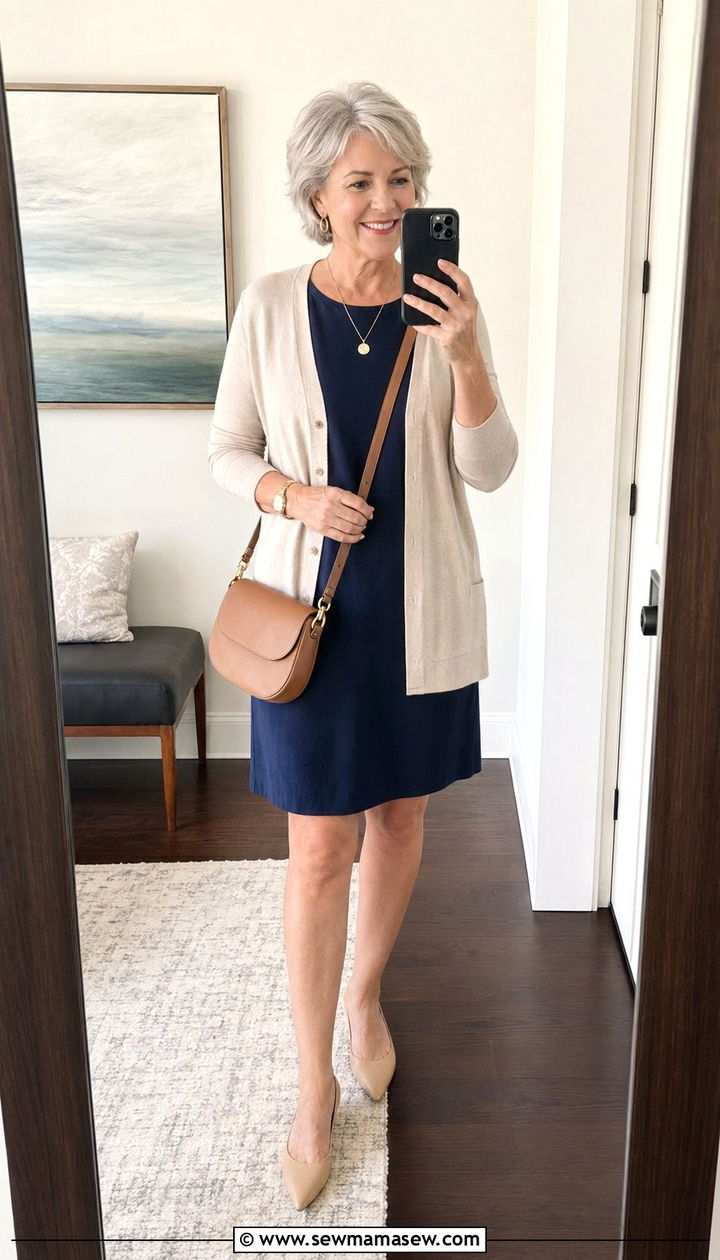 Jersey Shift Dress With Cardigan - 35 Graduation outfits for women over 50