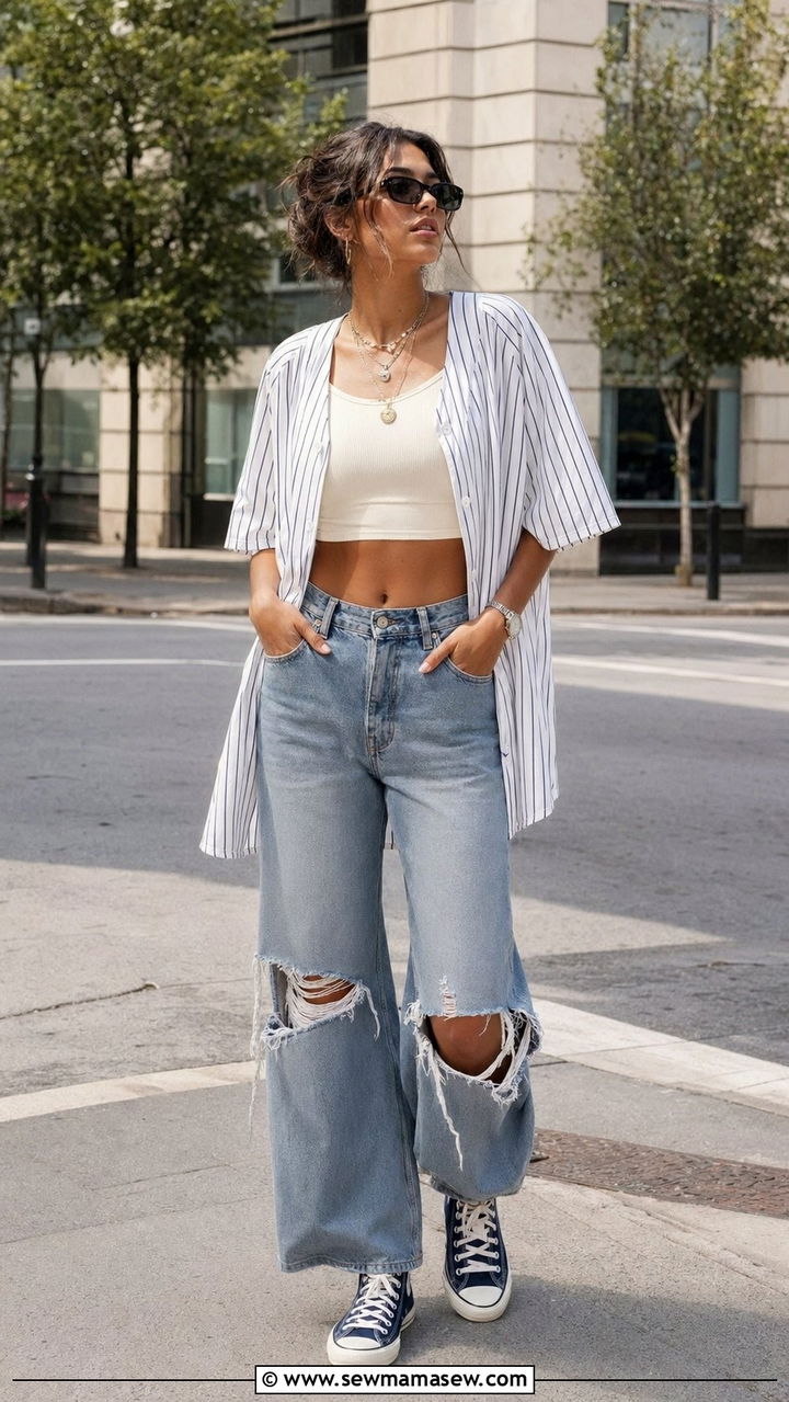 Jersey Worn Open Over Crop Top And Ripped Jeans - 30 Baseball game outfit ideas