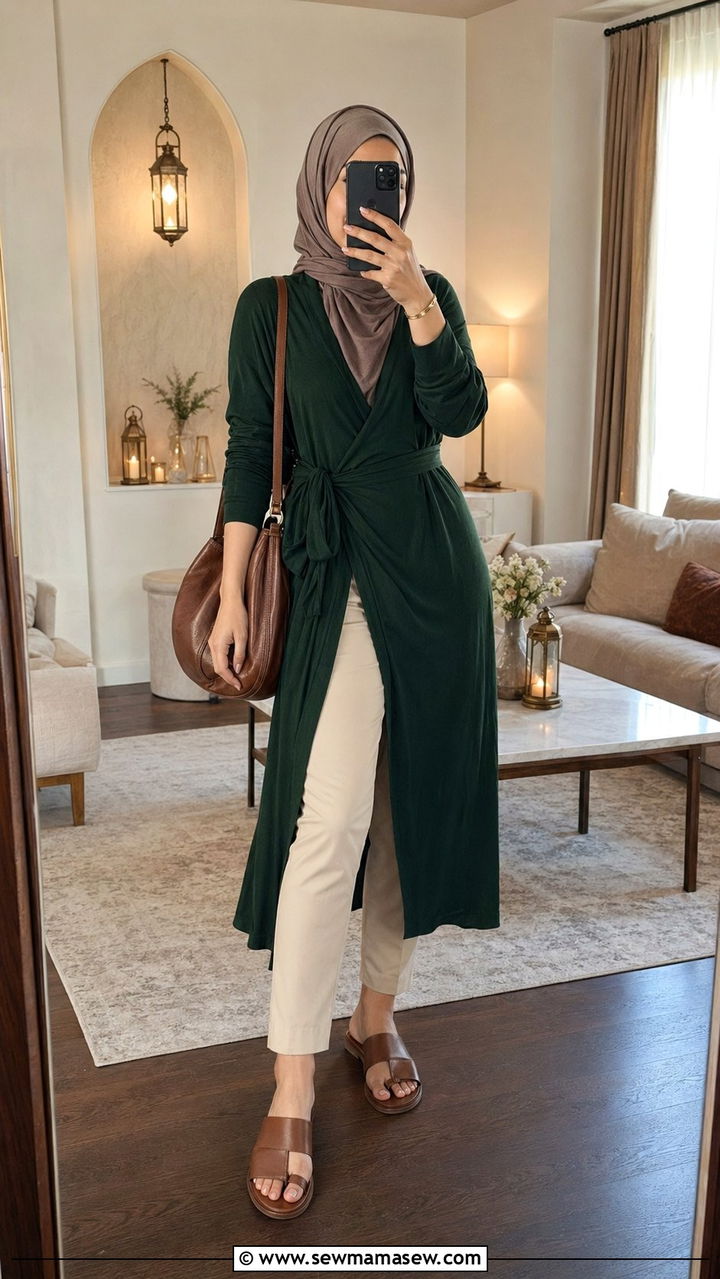 Jersey Wrap Dress With Pants And Slide Sandals - 35 Ramadan outfit ideas for women