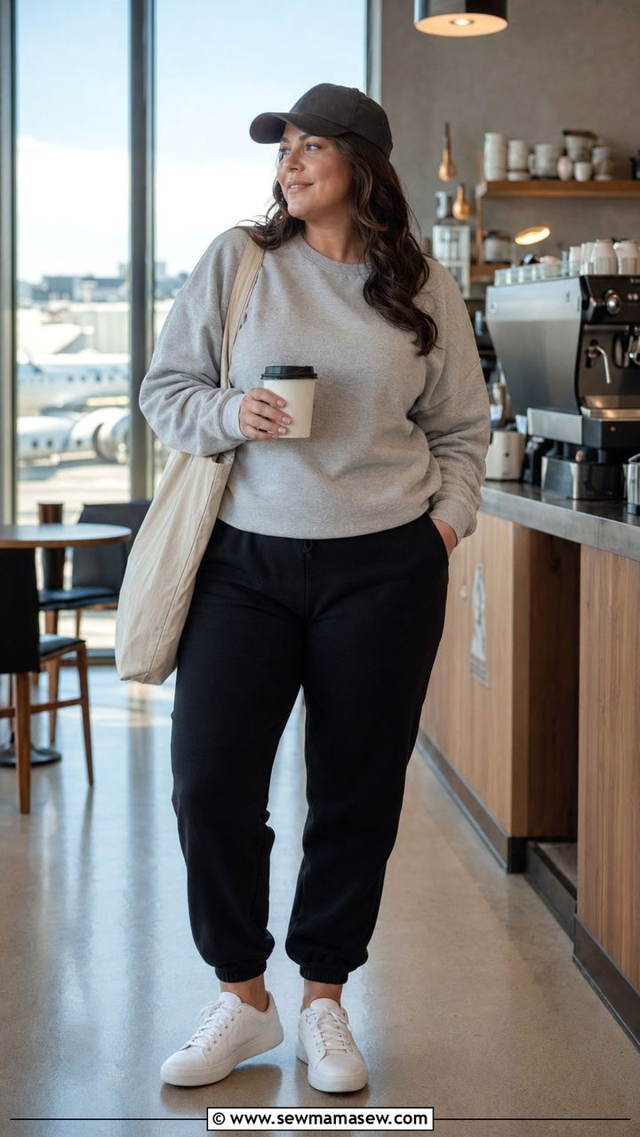 Jogger Pants With Cozy Crewneck Sweatshirt - 30 Airport outfits plus size