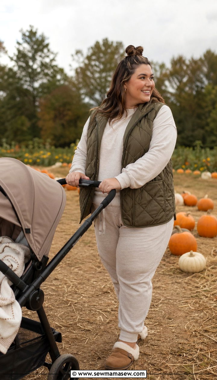 Jogger Set With A Quilted Vest - 35 Postpartum outfit ideas plus size