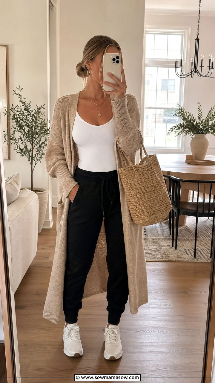Joggers With Bodysuit And Long Cardigan - 35 Sporty chic outfit ideas for errands