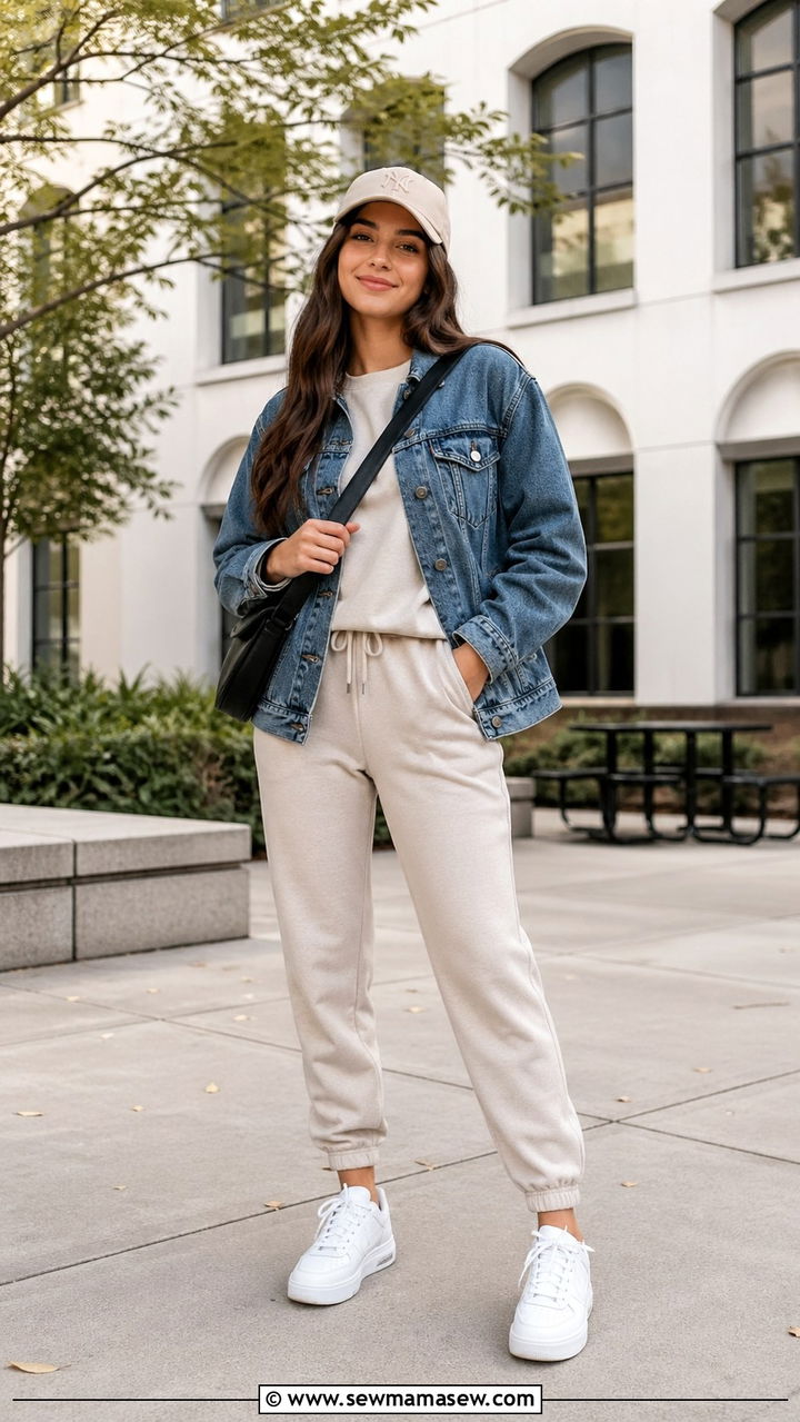 Joggers With Denim Jacket And Sweatshirt School Outfit - 30 school outfits inspo