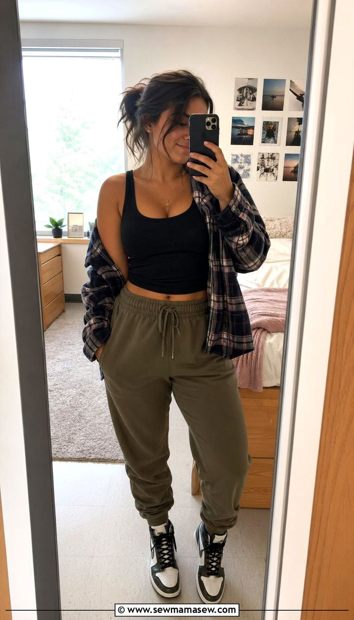 Joggers With Fitted Tank And Oversized Flannel Shirt - 30 Back to school outfit ideas plus size college