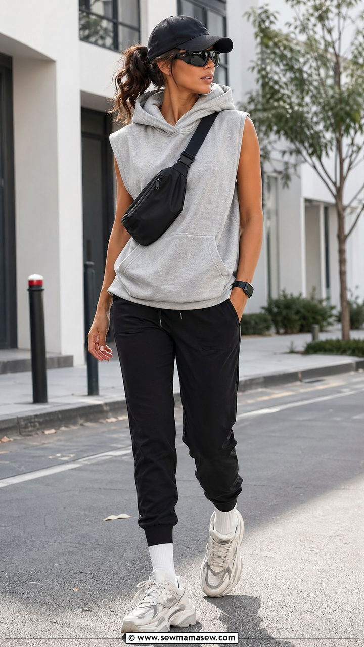 Joggers With Sleeveless Hoodie And Baseball Cap - 35 Sporty chic outfit ideas for errands