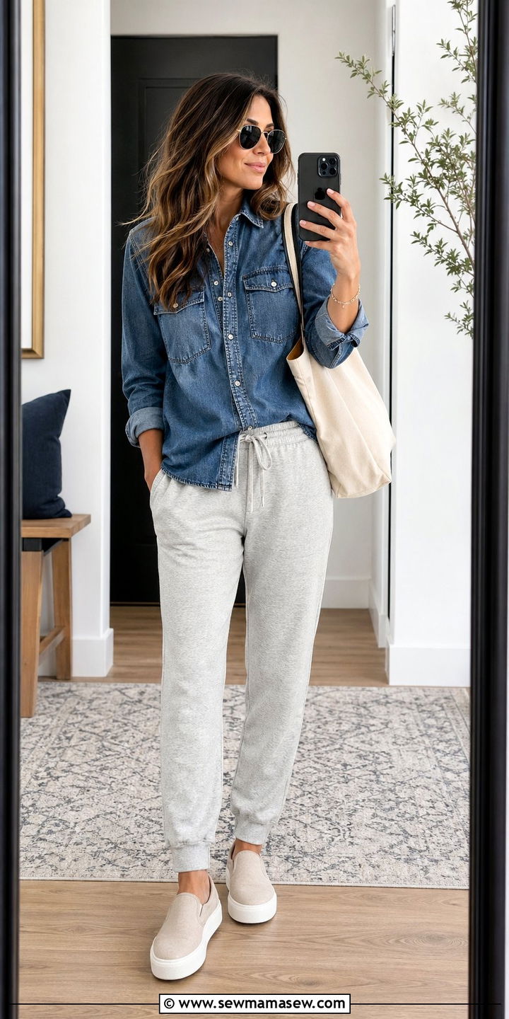 Joggers With a Denim ButtonDown Shirt - 35 School drop off outfit ideas