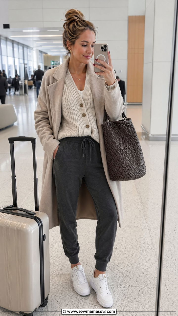 Joggers and cardigan travel outfit - 35 Travel day outfit ideas