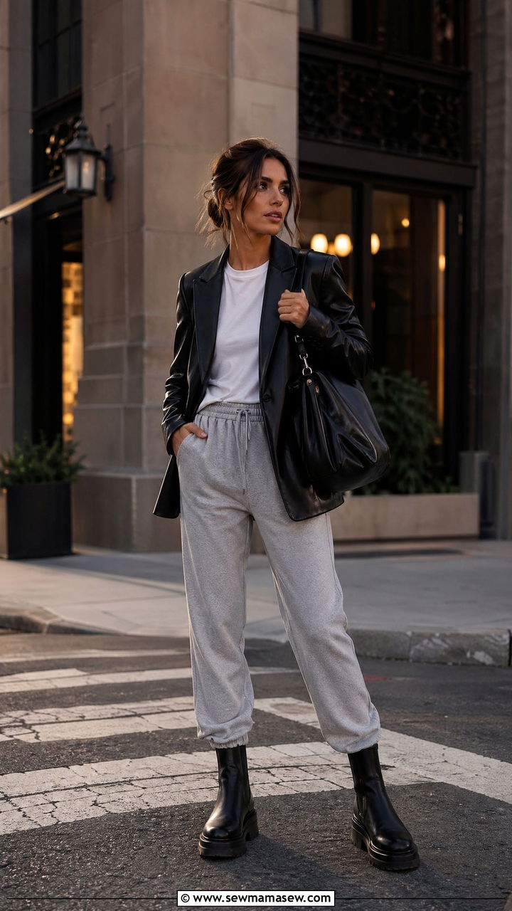 Joggers with Leather Blazer and Chunky Boots Outfit - 35 transitional sporty chic outfit ideas