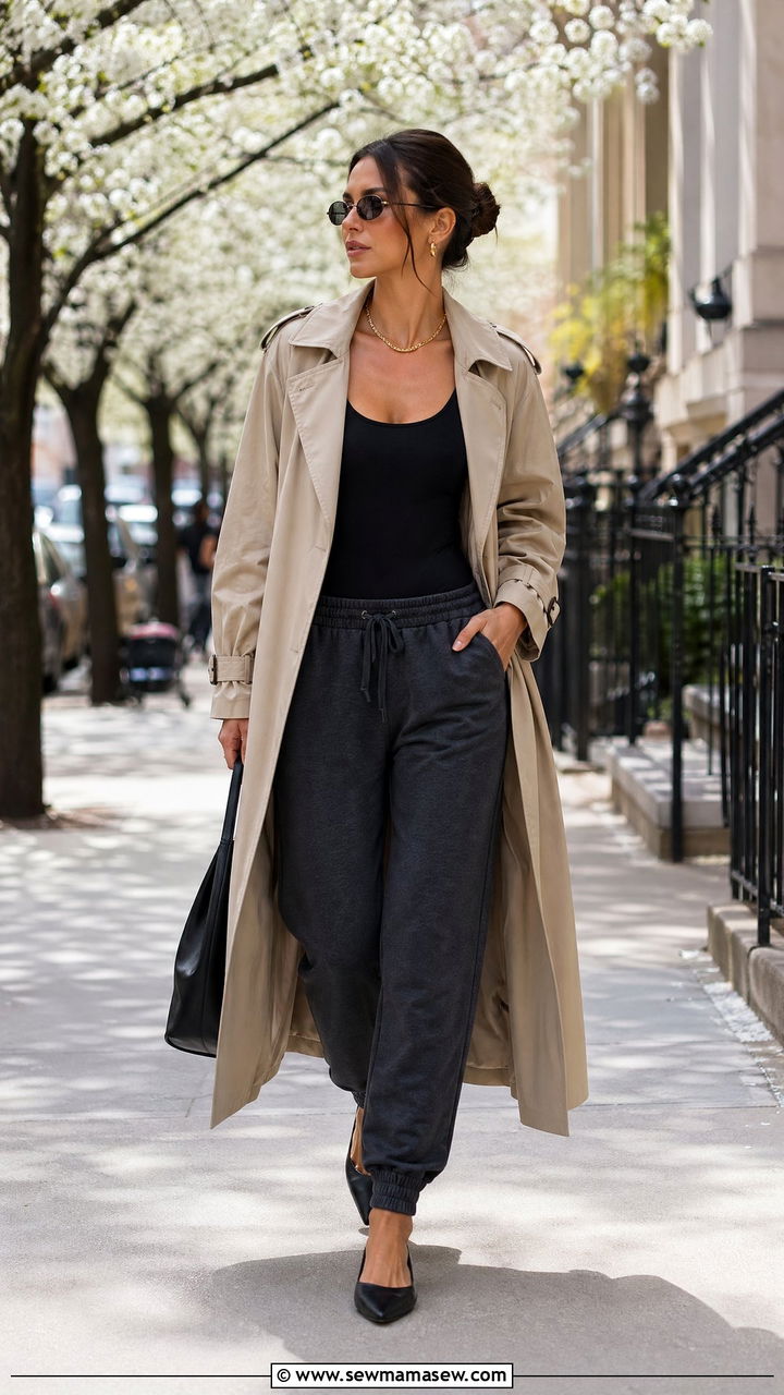 Joggers with fitted bodysuit and lightweight trench - 35 Streetwear spring outfits
