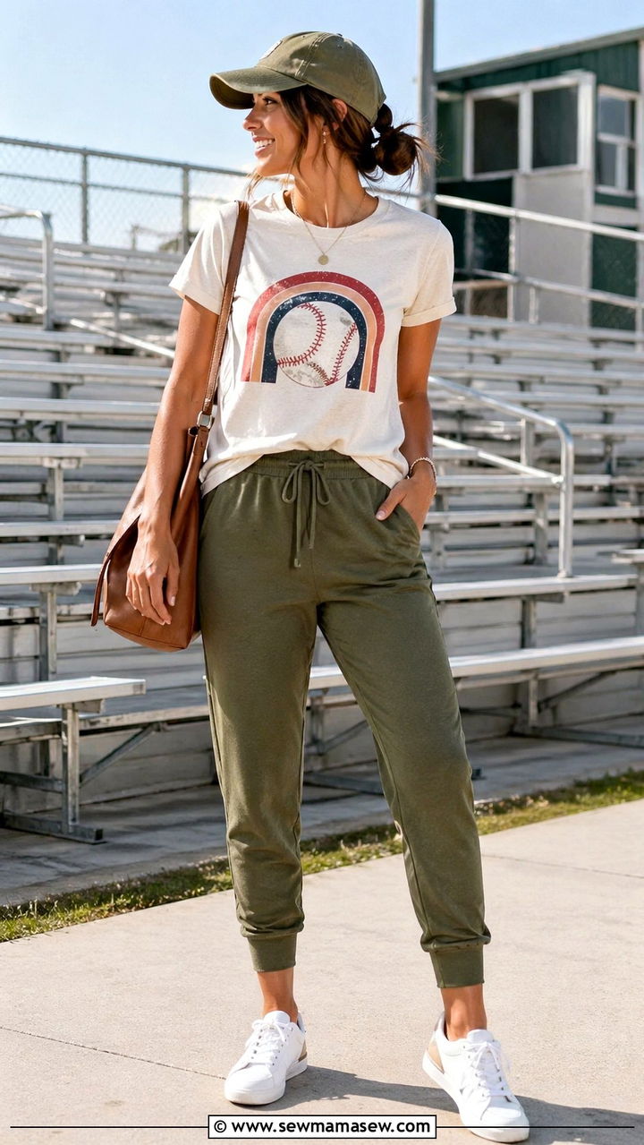 Joggers with graphic tee and baseball cap outfit - 30 Sports mom outfit ideas