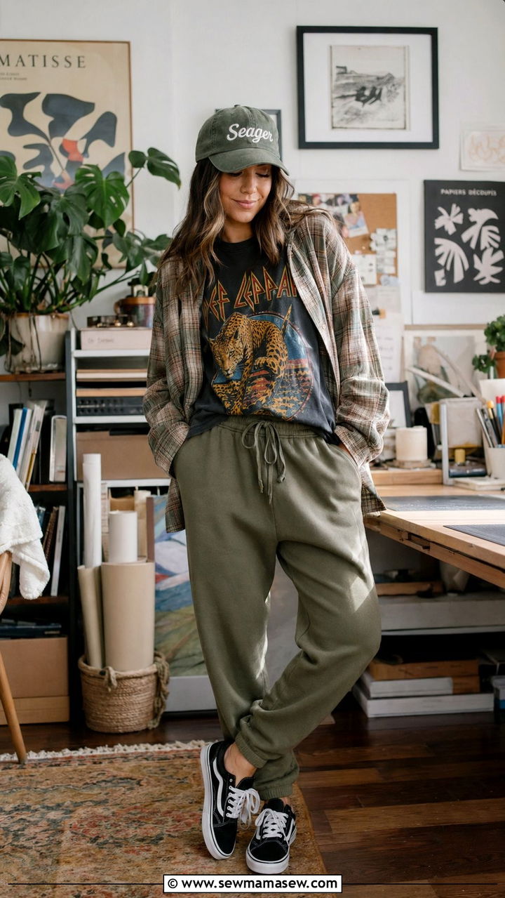 Joggers with graphic tee and shacket outfit - 30 Athleisure outfit ideas for work from home