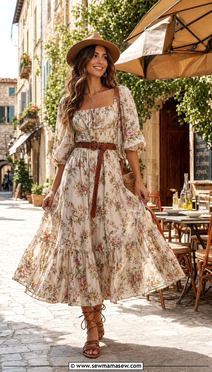 Juliet Sleeve Floral Dress With Lace Up Sandals - 35 Romantic summer outfits
