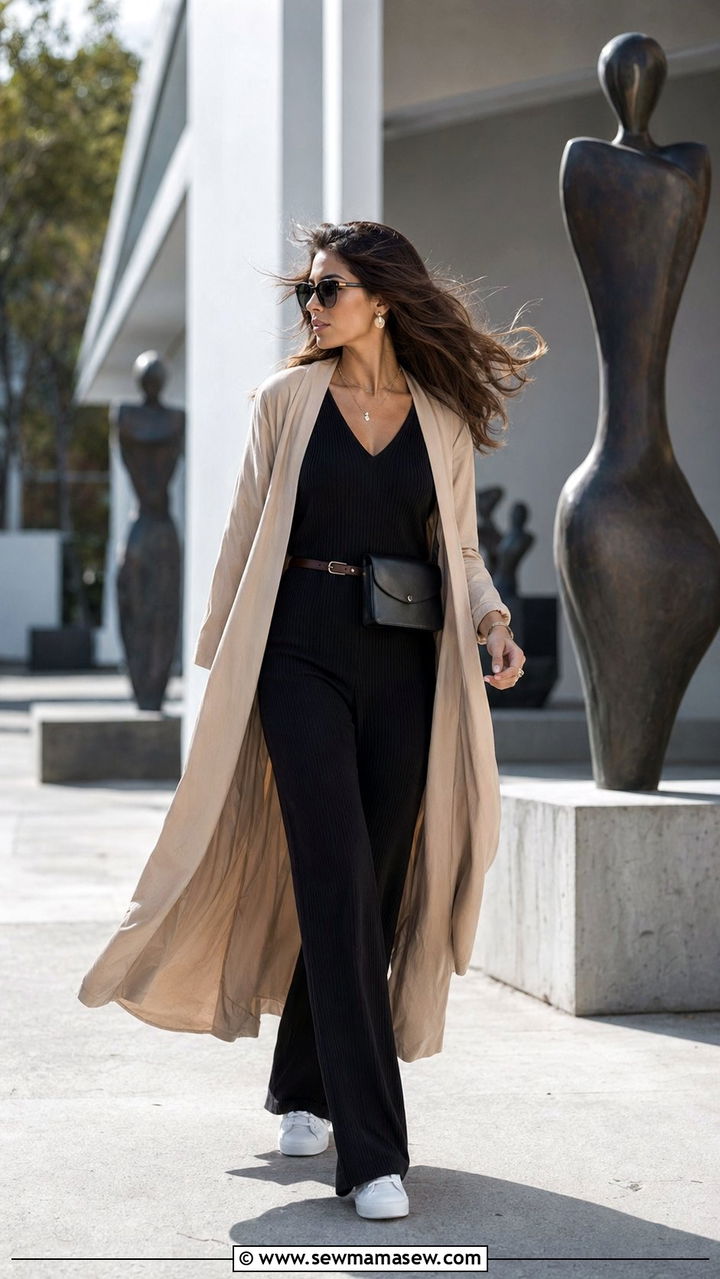Jumpsuit With Long Jacket And Sneakers - 30 Windy day outfit ideas