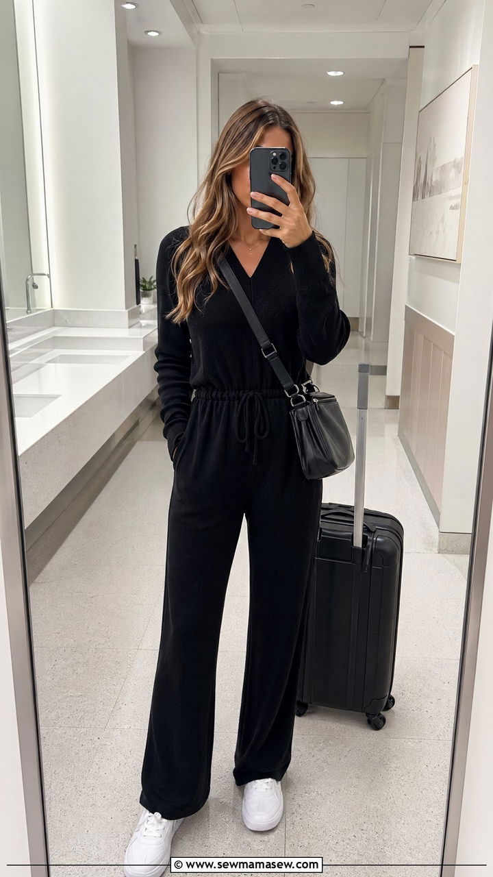 Jumpsuit With White Sneakers And Crossbody Bag - 35 Comfortable airport outfits