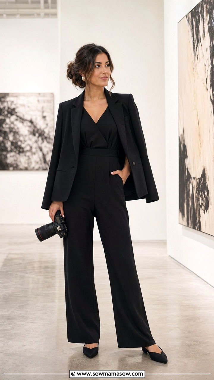 Jumpsuit With a Structured Blazer for Cocktail Attire Weddings - 30 Wedding photographer outfit ideas