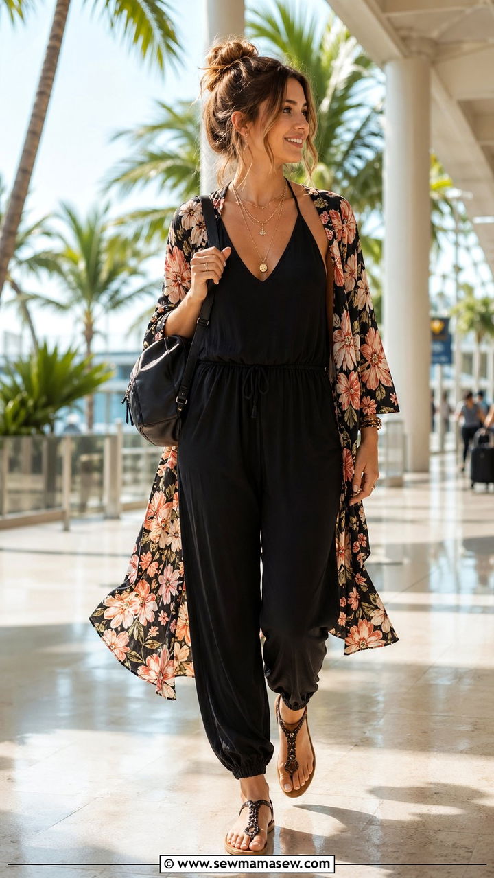 Jumpsuit and Lightweight Kimono Airport Outfit - 30 Airport outfit ideas warm weather destination