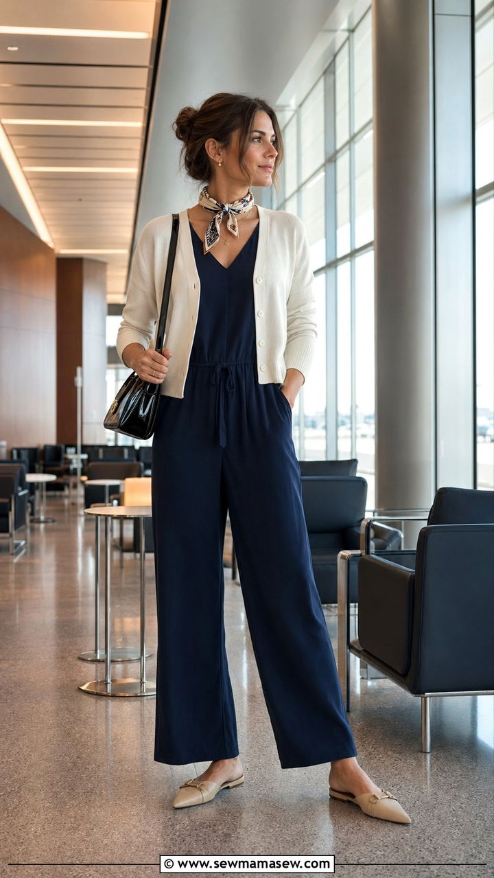 Jumpsuit and cropped cardigan with a neck scarf - 30 Airport outfit ideas with a scarf