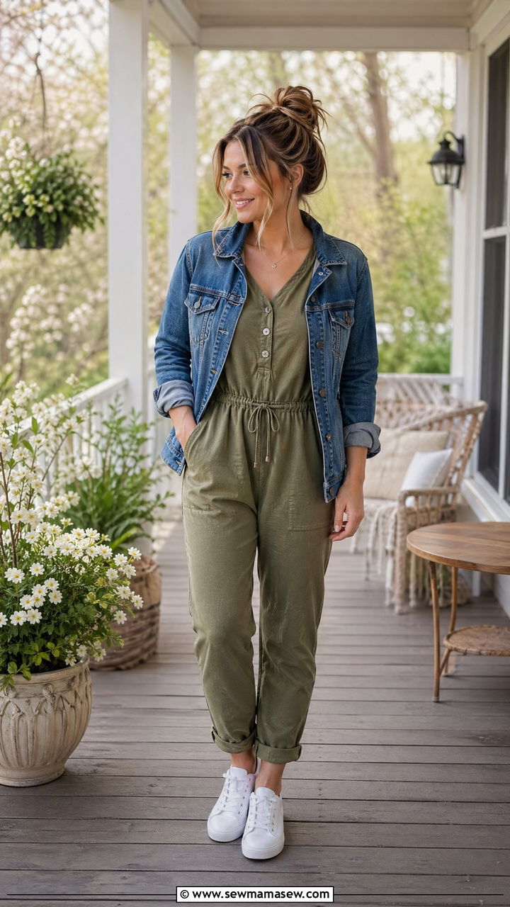 Jumpsuit with Sneakers and Denim Jacket - 35 Spring outfits for stay at home moms