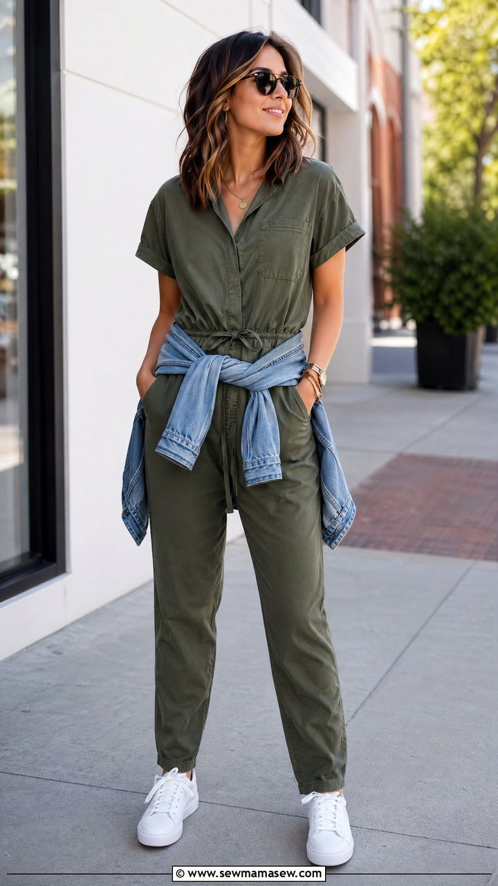 Jumpsuit with White Sneakers - 35 Chic mom outfit ideas