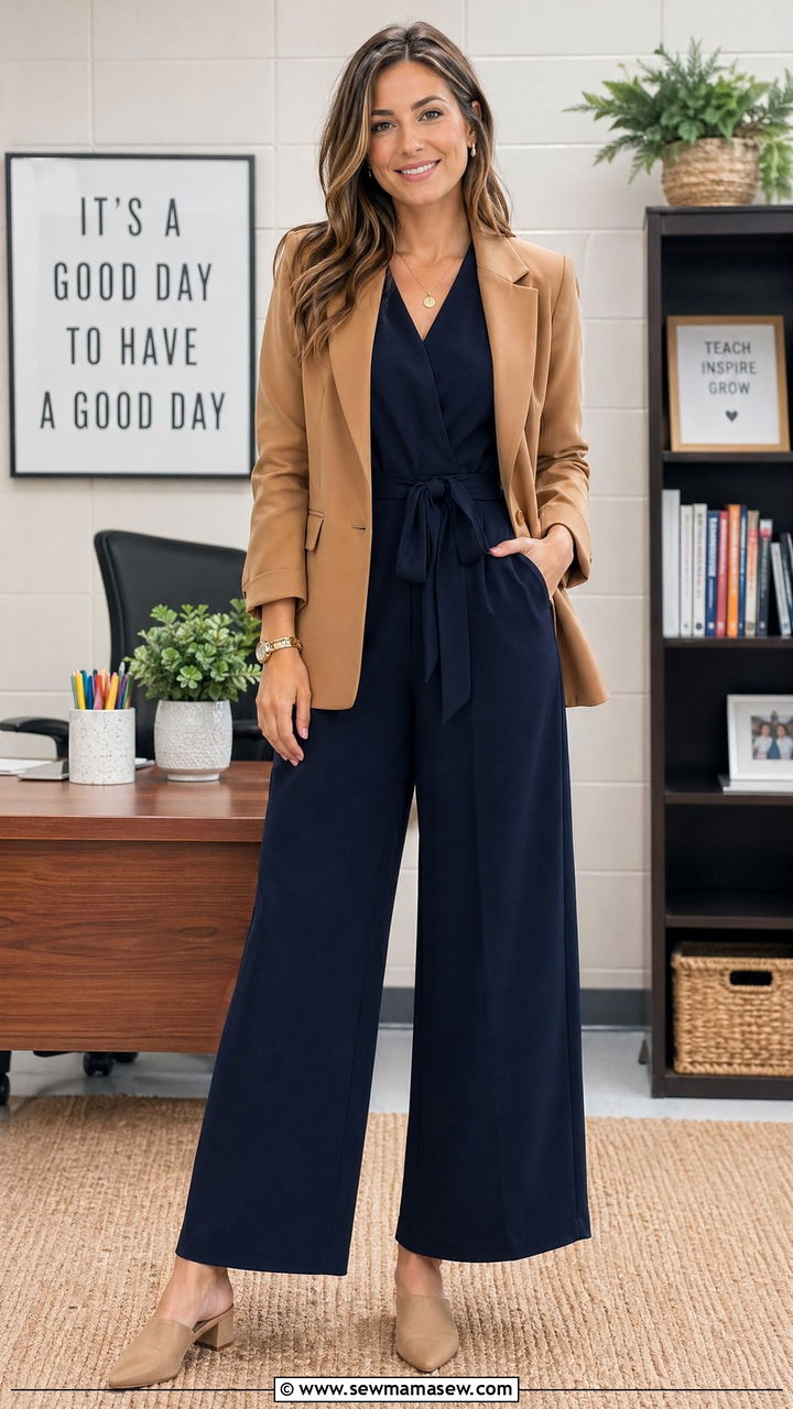 Jumpsuit with a Structured Blazer and Block Heels - 35 teacher outfit ideas for women