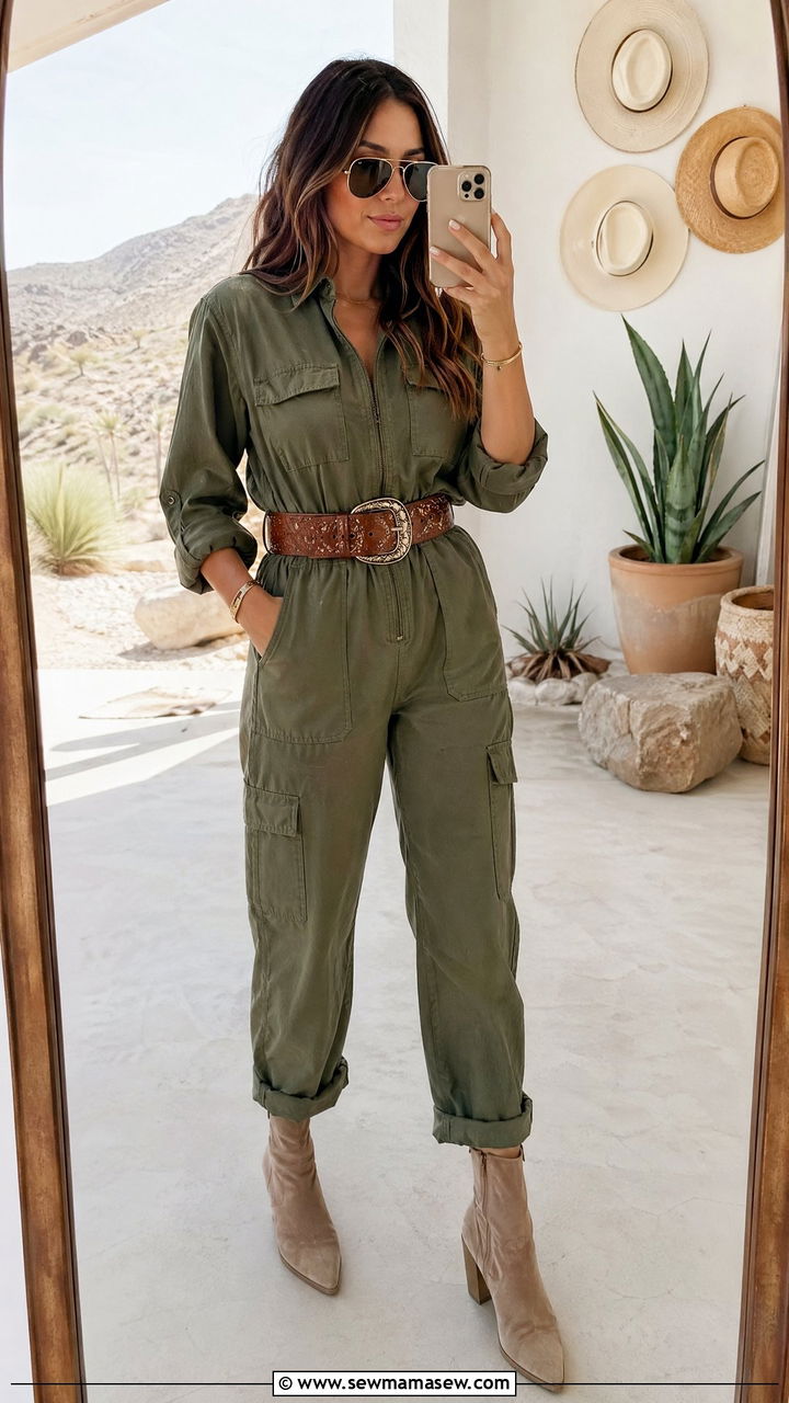Jumpsuit with a statement western belt and booties - 35 Coachella outfits ideas