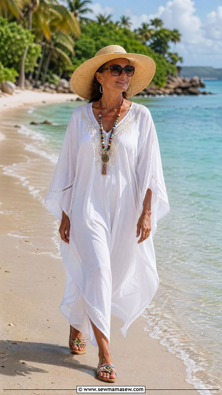 Kaftan Dress Beach Vacation Outfit - 35 Travel outfits for women over 40