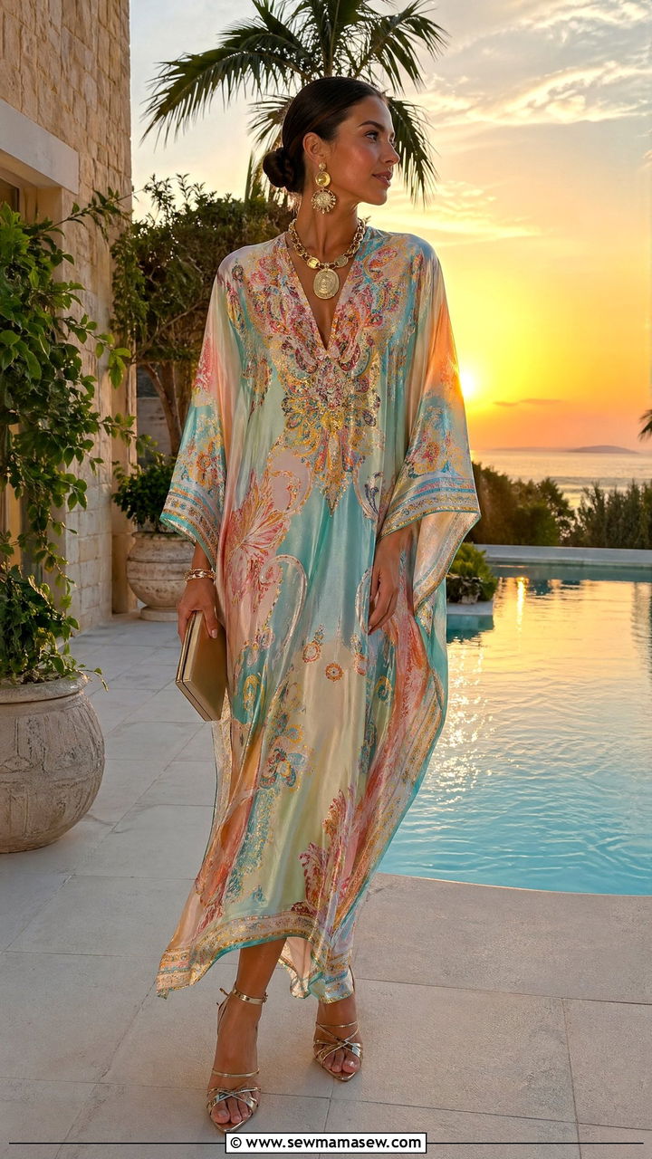 Kaftan Dress With Gold Statement Jewelry - 35 summer boho outfit ideas