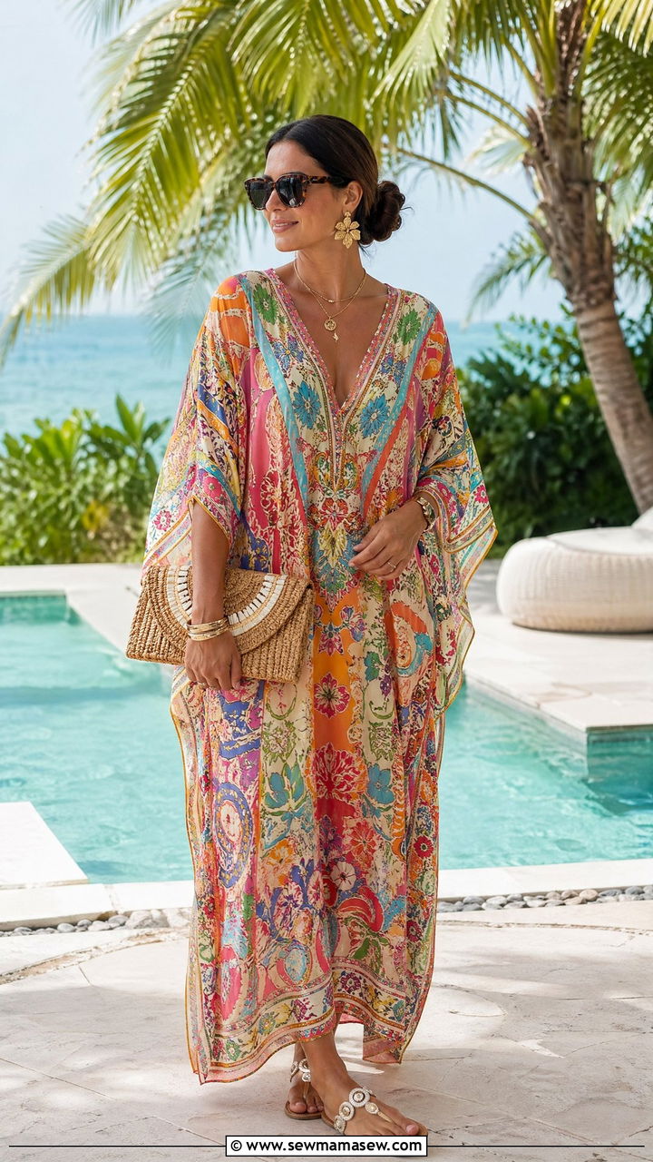 Kaftan Dress and Embellished Sandals - 35 summer boho chic outfits