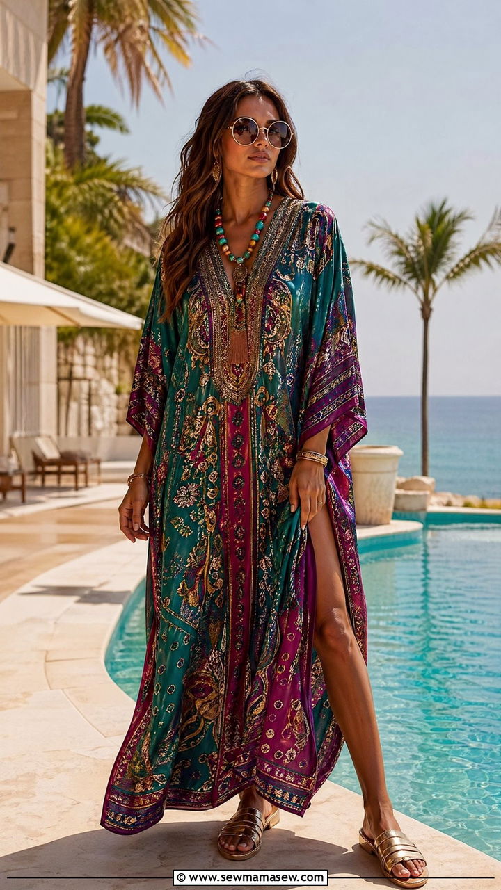 Kaftan Dress and Metallic Sandals Outfit - 35 Vacation outfit ideas 2026