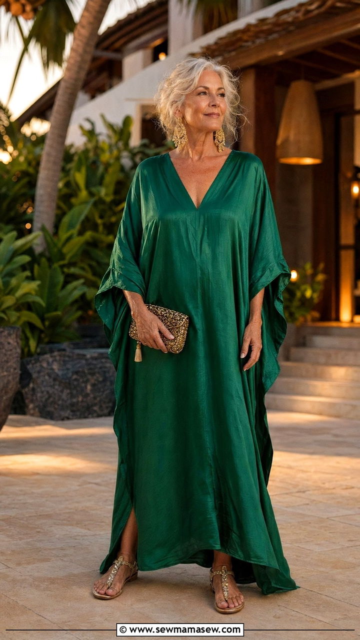 Kaftan Dress with Statement Earrings - 30 Best dresses for women over 60