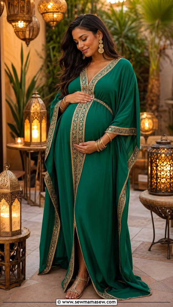 Kaftan Style Maternity Gown with Gold Jewelry - 30 Baby shower outfits for mom to be