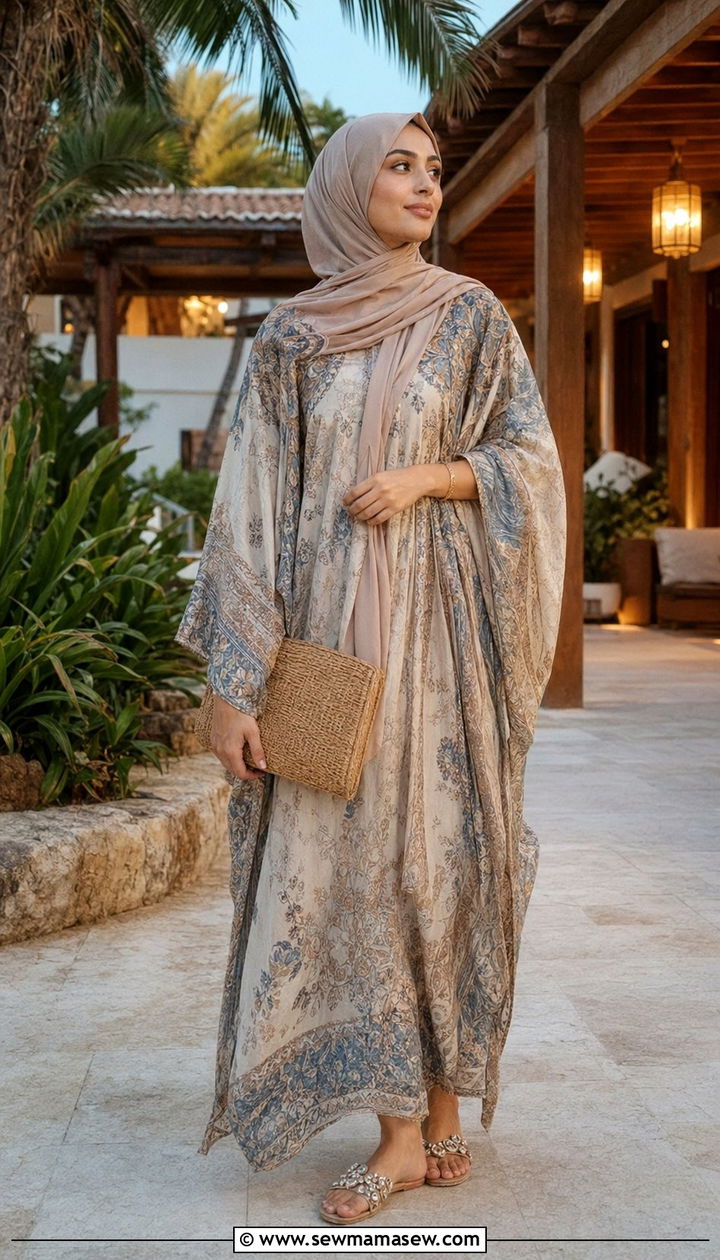 Kaftan with embellished flat sandals - 35 Modest outfit ideas for Muslim women