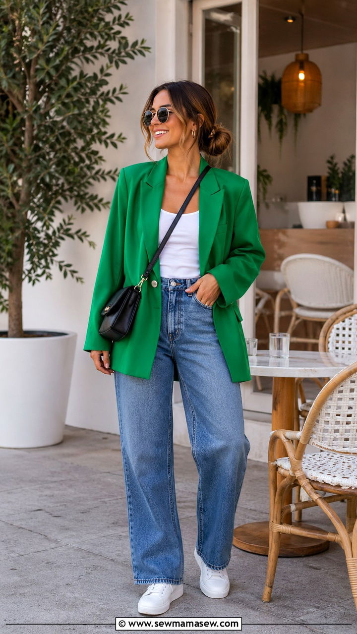 Kelly Green Oversized Blazer And Straight Leg Jeans - 40 All green outfit ideas